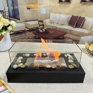 Four-Piece Glass Alcohol Fireplace Set with Stone Decorations, Tabletop Fire Pit, Perfect for Living Room, Patio, Camping Warmth Atmosphere