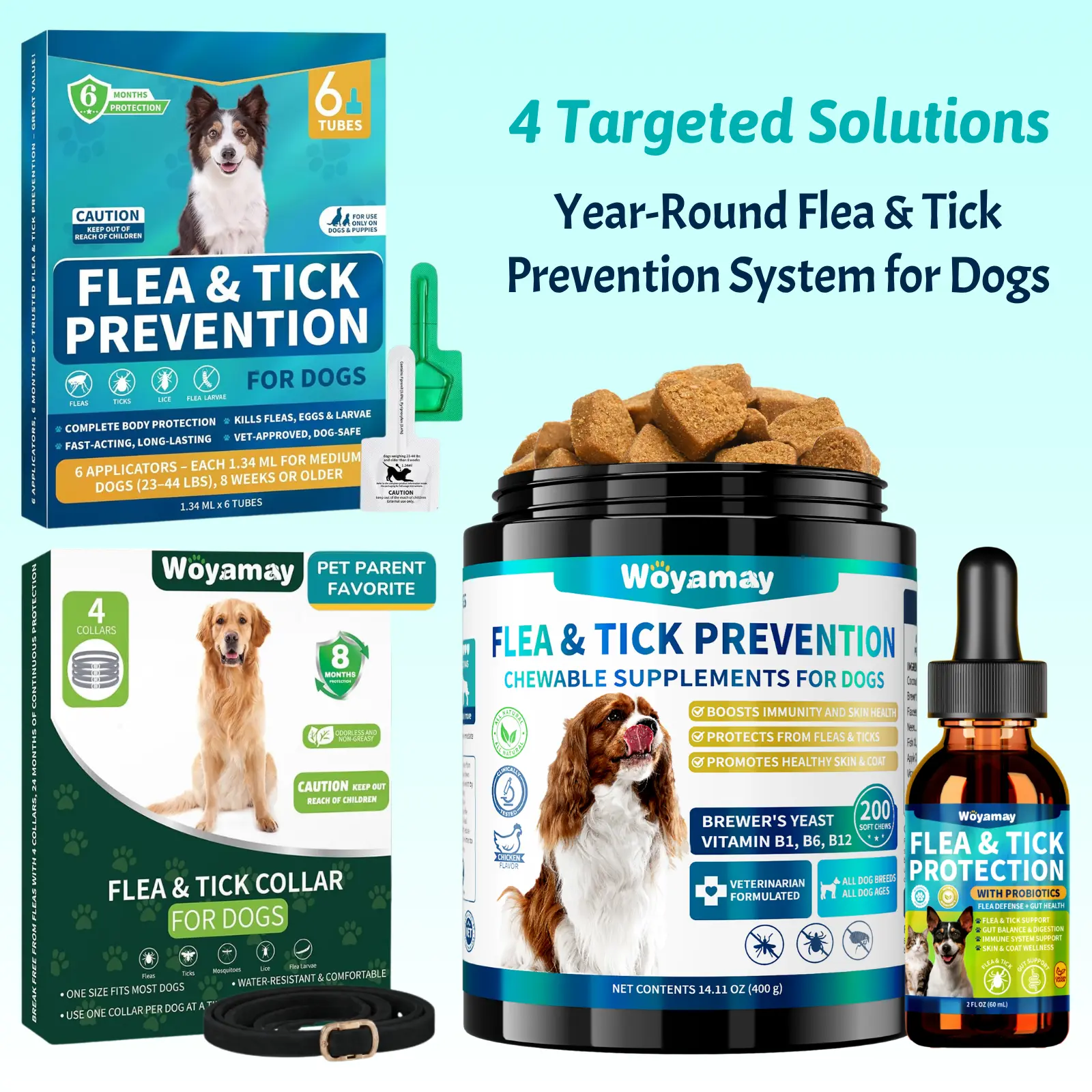 Woyamay Flea and Tick Prevention Kit for Dogs - 4-in-1 Defense Set (Flea Collars, Topical Drops, Natural Soft Chews & Oral Drops) - Inside & Out Protection for All Size and Breeds Dog Flea Control