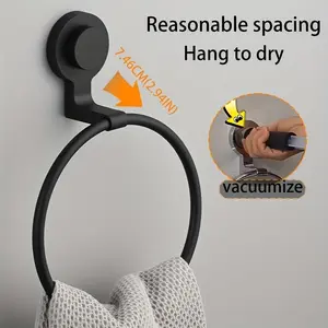 Vacuum Suction Cup Towel Holder - 304 Stainless Steel Bathroom Towel Ring. Black Round Washroom Face Towel Hanger, Bathroom Towel Holder Loop, No-Drilling Dishcloth Rack, Bathroom Accessories.