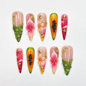 ES18 Tropical Paradise Press-On Nails, 3D Hibiscus Fruit Shell Design, Papaya Kiwi Sunset Color Palette, Handmade Summer Beach Nail Art, Vibrant Vacation Press Ons