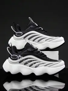 Men's Fashionable Label Patched Design Hollow Out  Sneakers, Casual Comfortable Breathable Sports Running Shoes, Male All-match Round Toe Chunky Sneakers for Daily Life, Sporty Running Shoes, Running Training Shoes