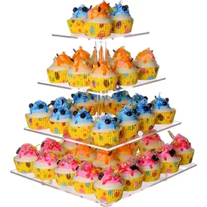 4 Tier Square Clear Acrylic Cupcake Stand for 50 Cupcakes Tiered Cupcake Tower Holder Dessert Stand for Party Wedding Birthday Baby Shower Halloween