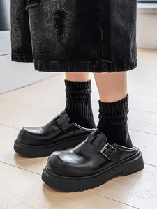 Unisex All-Black Workwear Style Platform Buckle Shoes, Light Trendy Multi-Wear Style, Workwear Retro Version + All-Black Versatile + Distressed Platform Sole, Adaptable to Multi-Style Wear & Retro Eye-Catching , Ideal for Daily Styling & Light Social Scen