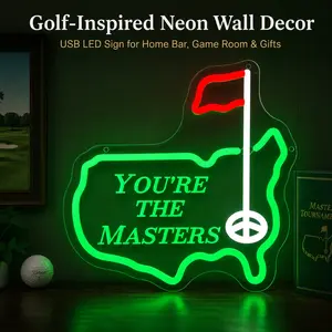 LED Neon Sign USA Map “YOU'RE THE MASTERS” – Bright Green Golf Wall Light, USB Powered, Transparent Acrylic, Perfect Gift for Home Bar, Game Room, Office, Man Cave