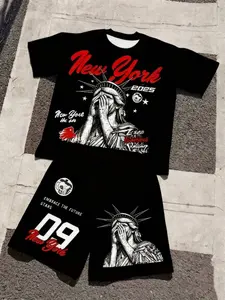 Boys' Casual Sportswear Set, New York Statue Print Tee & Shorts, Geometric Pattern, Spring Summer Fashion, Fitted Style