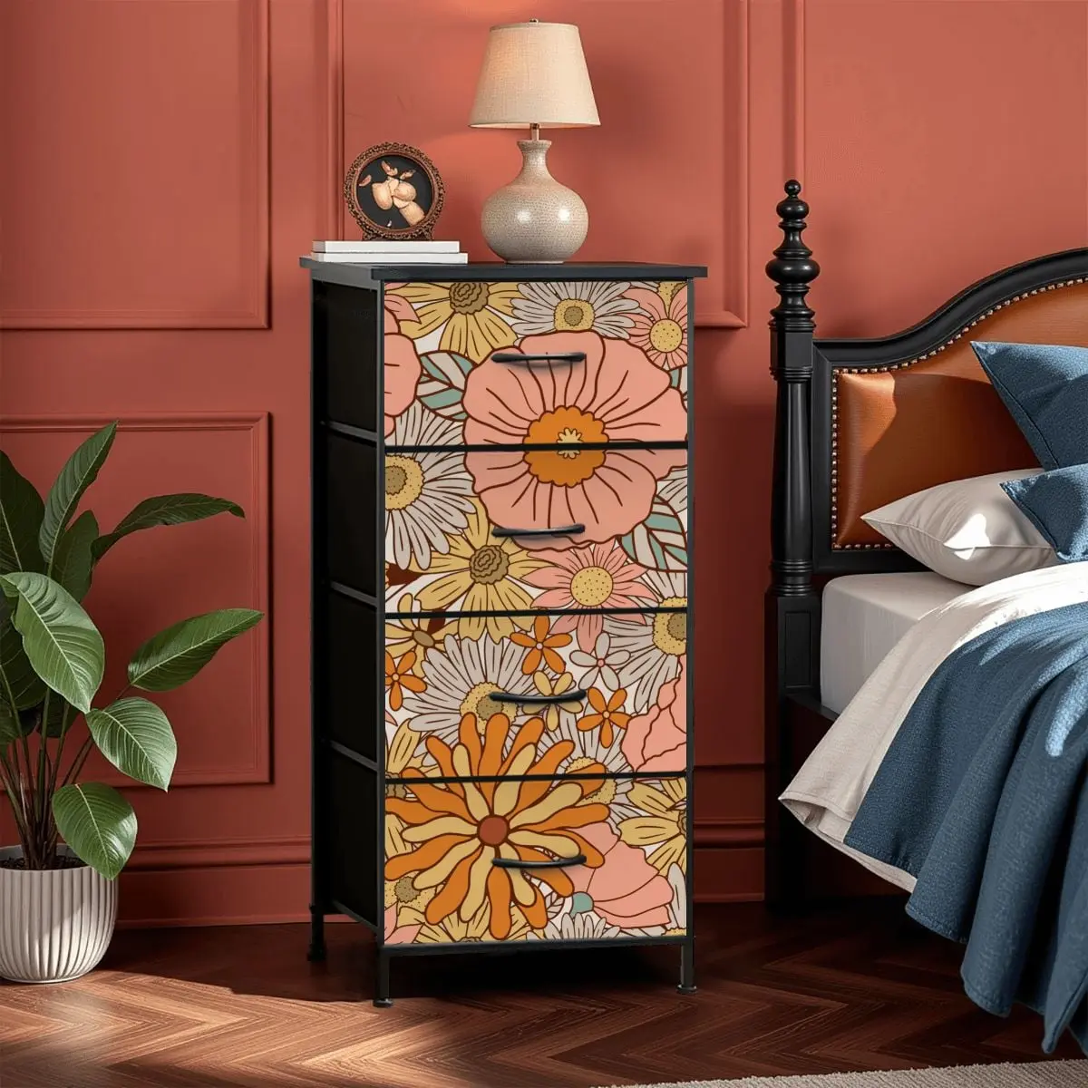70s Floral Pink Orange 4-Drawer Dresser