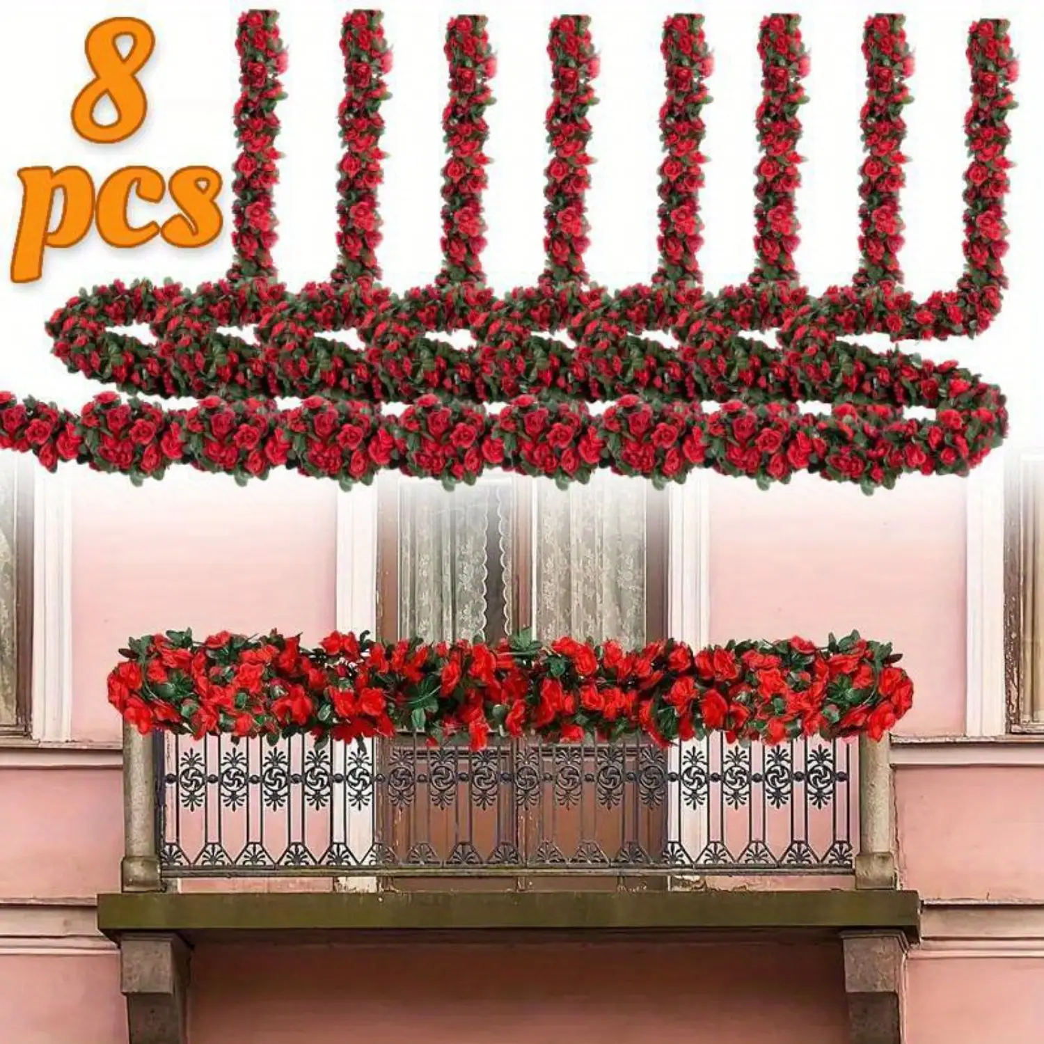 8Pcs/Set 60 FT Flower Garland,Artificial Rose Vine Flowers with Green Leaves,Hanging Roses Vine for Room Party Home Wedding Birthday Christmas Wall Arch Decor,Spring Red Flower,Hand Tools Kits