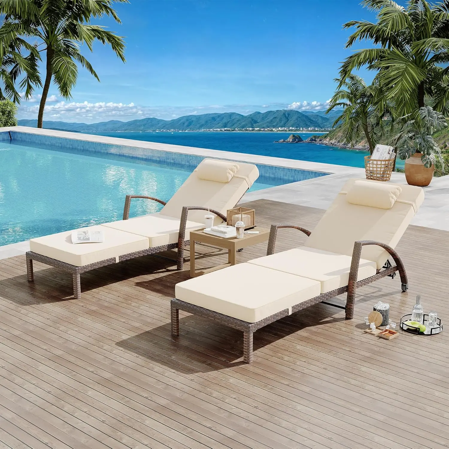 【Christmas Gift】Chaise Lounge Chairs Set of 2, Outdoor Rattan Adjustable 5 Position Patio Pool Lounge Chair, All-Weather Folding Poolside Patio Chair with Cushion and Wheels, for Backyard, Deck, Khaki