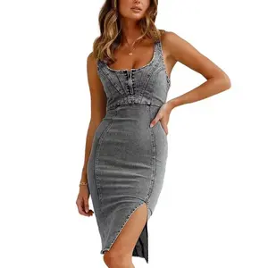 Vintage U Neck Distressed Denim Slip Dress for Women Casual Loose Fit Ideal for Summer Beach Elegant Off-Shoulder Bridesmaid day Ruffles Mini Short Sleeve backless