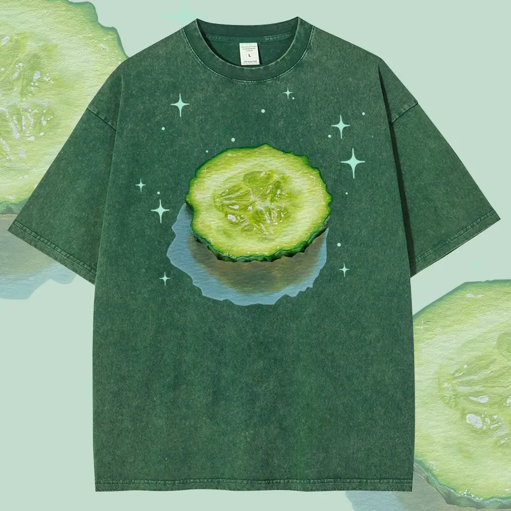 Cucumber Slice With Sparkles Graphic T-Shirt, Vintage Washed Green Tee, Cute Vegetable Art Print, Gift For Plant & Food Lovers