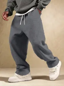 Men's Casual Loose-Fit Jogger Pants, Spring & Fall Preppy Style Sweatpants, Drawstring Waist Thick Knit Fabric, Trendy Couple Wear, Wide Leg Sweatpants