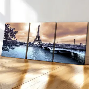 3-Pack Wood Frame Canvas Posters, Vintage Paris Eiffel Tower Sunset Art, Modern Living Room Wall Decor, Fashion Home Poster for Bedroom Office Hallway