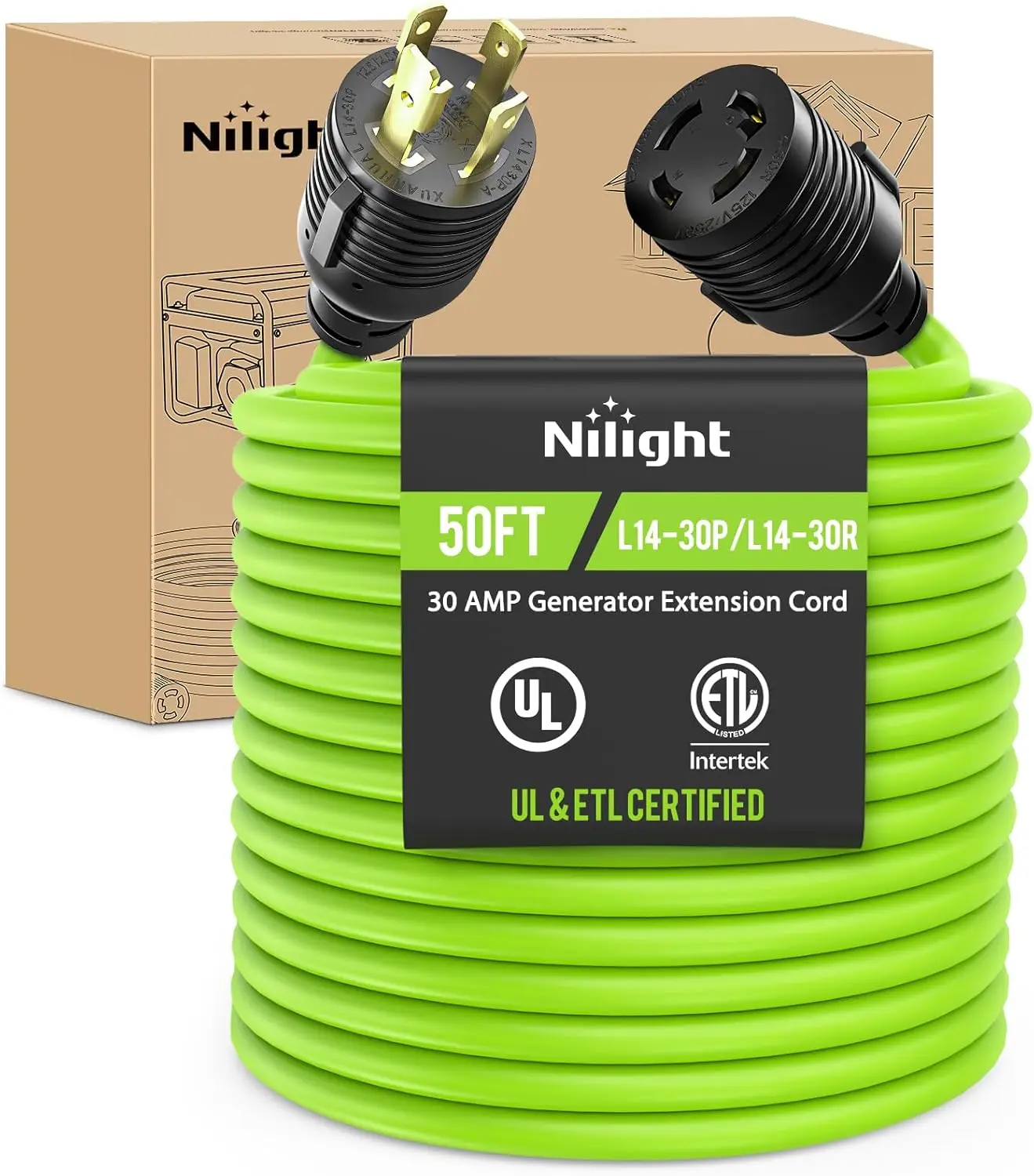 Nilight Heavy-Duty Generator Extension Cable, 50FT 30A 125V 10/3 Gauge Pure Copper STW, UL ETL Listed 4-Prong L14-30P/L14-30R, Weatherproof with Organizer, for Camper Outdoor Power Backup (Bright Green)