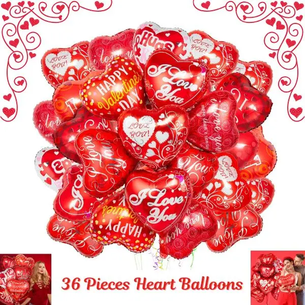 36 PCS Valentine’s Day Heart Balloons – Red Foil Mylar “I Love You” Balloons for Valentine’s Day Gift, Romantic Party Decorations for Special Night