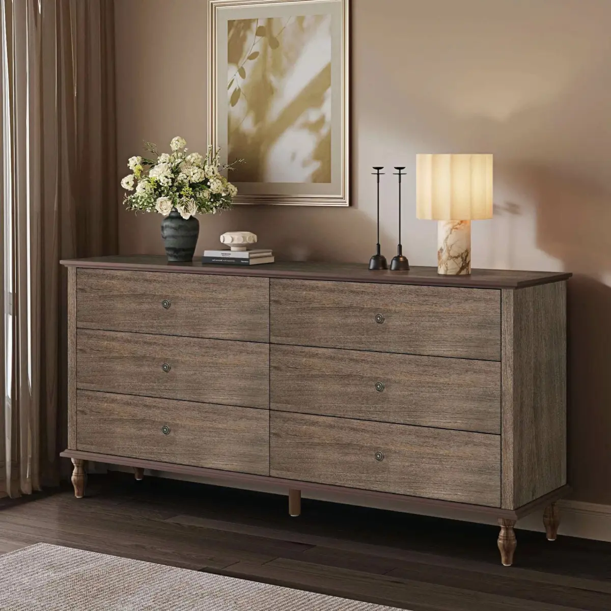 Double Wide 6-Drawer Wooden Bedroom Dresser - Deep Brown Burnt Finish Storage Unit with Self-Closing Slides, Metal Copper Handles, Solid Wood Roman Column Legs, Anti-Tip Kit, Drawers Chest for Clothing Organization (Father’s Day Gift Idea), Modern Storage