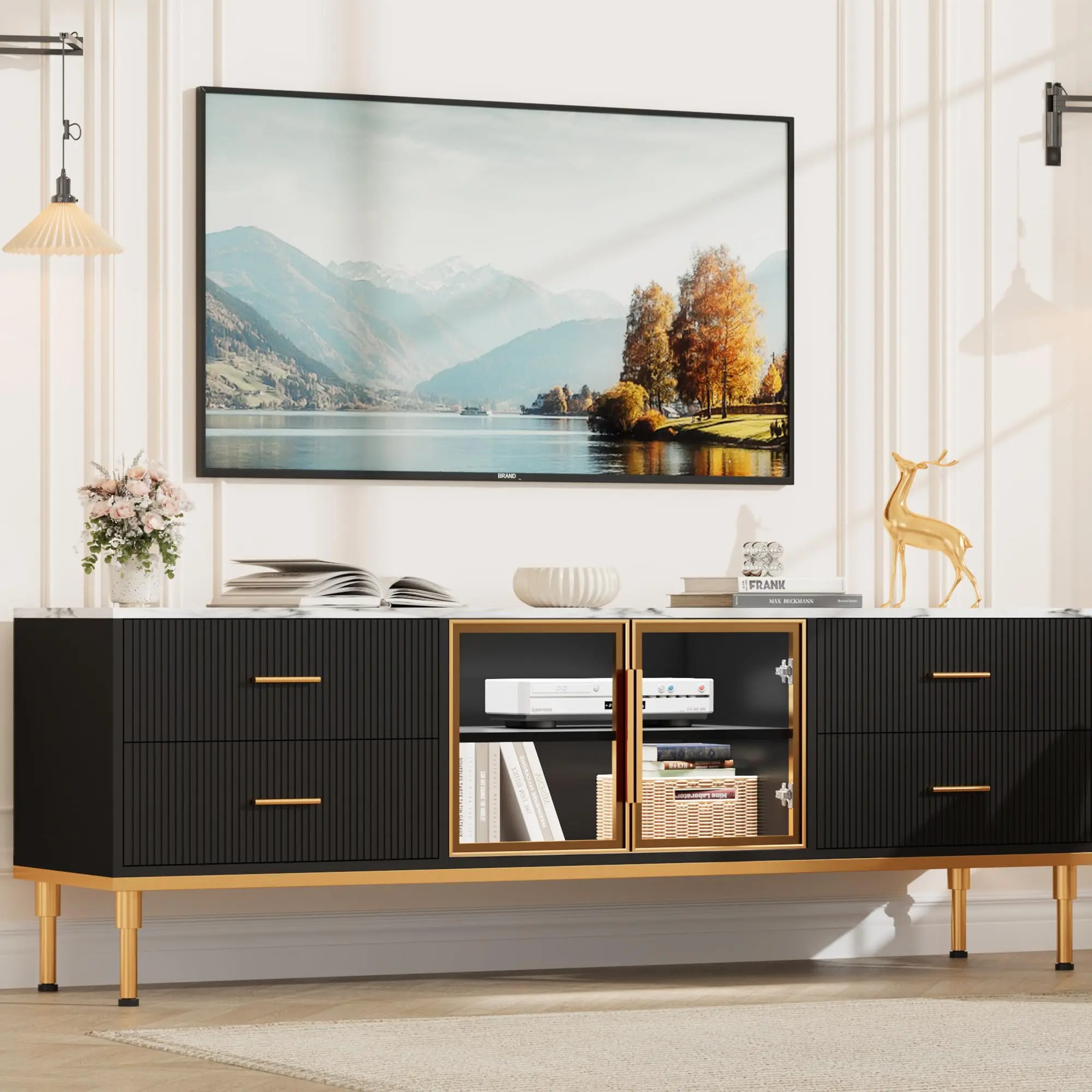 65″ TV Stand w/ LED Lights – Modern Entertainment Center, Fluted Media Storage Console with Drawers & Glass Doors – Faux Marble Tabletop TV Console for Living Room, Bedroom