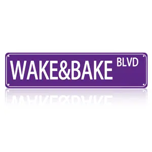 Purple White Wake & Bake BLVD Long Aluminum Street Sign 4x16 Inch, Minimalist Clean Vintage Wall Decor, Slang Humor Boulevard Hanging Plaque, Novelty Gift for Stoner Bedroom Man Cave Entryway