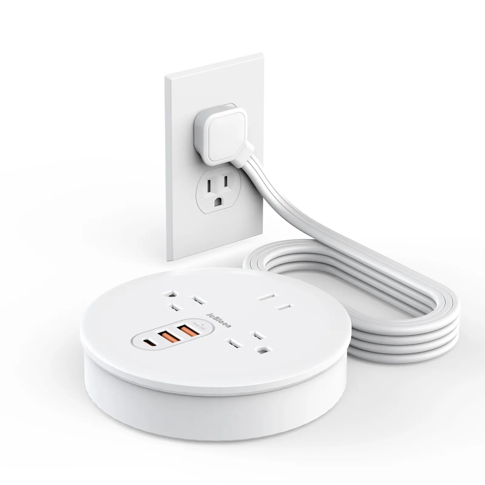JcBlaon Travel Power Strip Adapter - 3 Extension Cord Sockets, 3 USB Charge Ports, 4-in Flexible Multi-Port Desktop Charging Accessory for Home, Office, Cruise Ship (White), Outlet Multi Plugs, Plug Extension Outlet