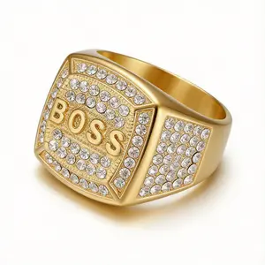 Fanshu Stainless Titanium Steel Hip Hop Iced Out Boss Gold Plated Band Rings for Men Women Gift Fashion Jewelry