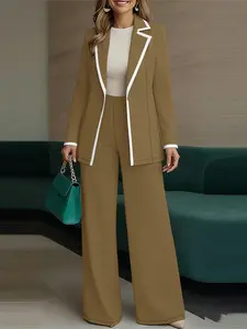 ZANZEA Women's Casual Set Long Sleeve Colorblock Patchwork Lapel Top Jacket Suit Pants Design, Perfect for Daily Travel Commuting