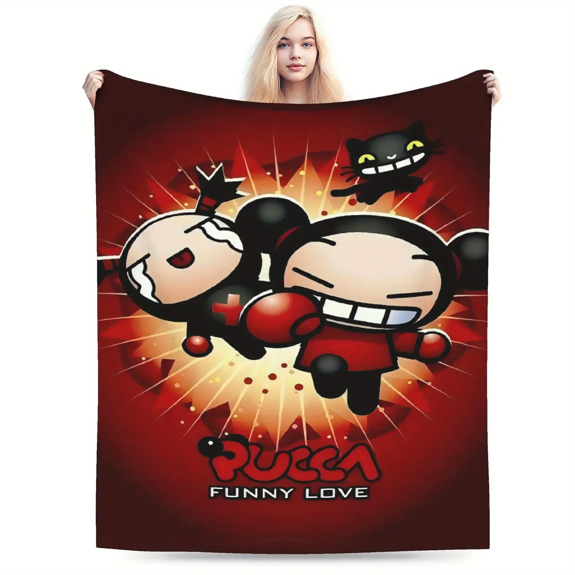 PUCCA Funny Love Anime Cartoon Flannel Blanket - Super soft and warm, suitable for all seasons, suitable for sofa, office, camping, travel