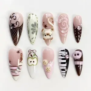 3D Cute Cat Press On Nails, Kawaii Piano Key Fake Nails, Pink Striped Nail Art, Cute Birthday Daily Nails, Mother day