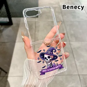 Skull in Witch Hat Pattern Foldable Phone Case with Axis Guard and Complete Lens Protection for Z Flip 7/6/5/4 Shockproof Transparent Cover