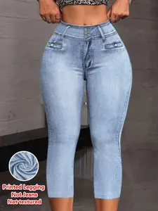 Women's Tight Fit Seven-Quarter Pants, Faux Denim Print, Slim-Fitting Casual Bottoms, All Season Wear, Comfortable and Stylish, Leggings, Womenswear