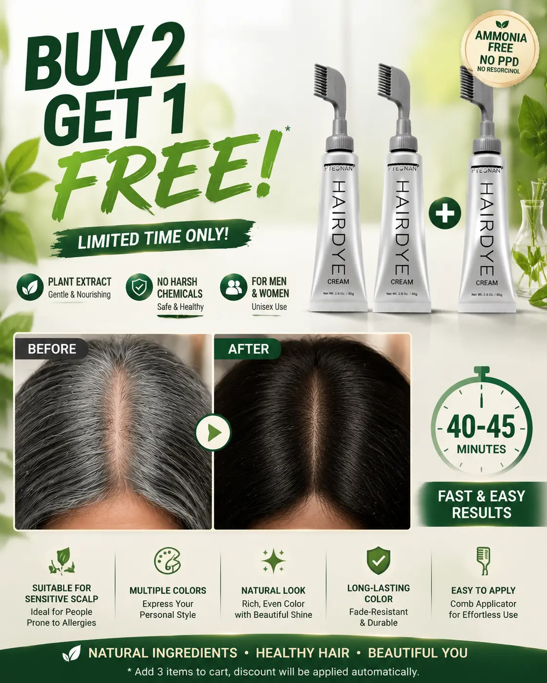 PYEONAN Unisex Hair Dye Comb, Hypoallergenic, Natural Plant Extract Without Bleaching, Instant 2 in 1 +Grey Hair Coverage and Haircare ,Grey Hair Turn to Black Color or  Drak Brown -Herbal Ingredients Hair Color 2.8Oz. /80g