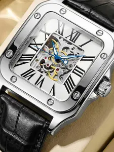 Men's Analog Mechanical Watch Square Shape, Full Transparent Skeleton Movement, Roman Numerals, Leather Strap, Vintage Business Style, Silver Color Case