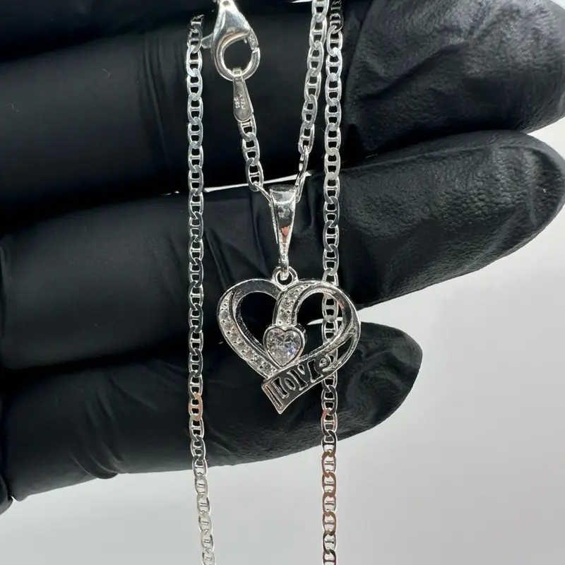 925 Sterling Silver Love Heart Pendant Necklace – 20” Italian Mariner Chain – Mexican Silver