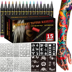 Temporary Tattoo Markers for Skin,With Stencils,Body Markers,10/15Colors Tattoo Pens,Flexible Brush Tip, Bright colors, Multicolor Face Paint Kit Cosmetic Quality,Halloween makeup