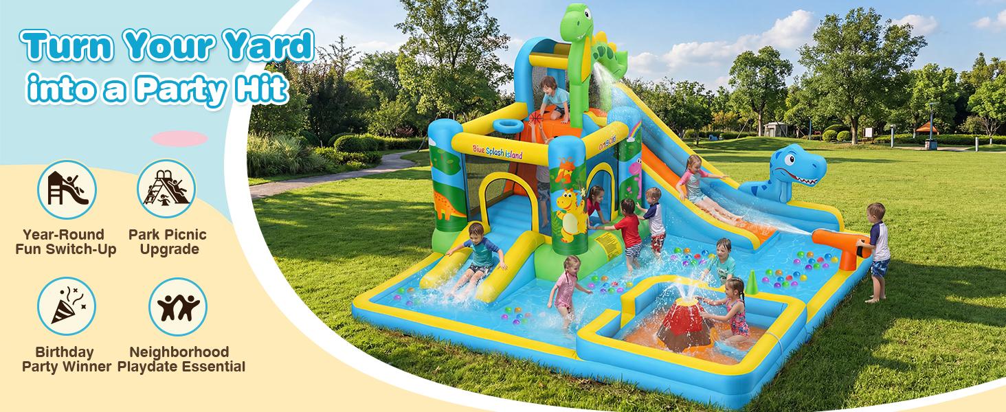AKEYDIY Inflatable Water Slide,10 in 1 Dinosaur Themed Inflatable Water Slide,Bouncy Castle with Water Cannon, Dino Pool, Climbing Wall, Basketball Hoop, Backyard Water Park for Kids,550W Blower Included,Bounce House for BIg Kids