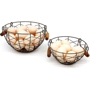 Round Wire Egg Baskets Rustic Fruit Baskets with Wooden Handles Primitives Vintage Collecting Basket.Rusty, Set of 2