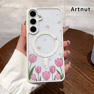 Compatible with Samsung Galaxy 16 Pro Max E Plus Tulip Bow Dream Pattern Shockproof Non-Yellowing Crystal Transparent Acrylic Soft Case Supports Wireless Charging.