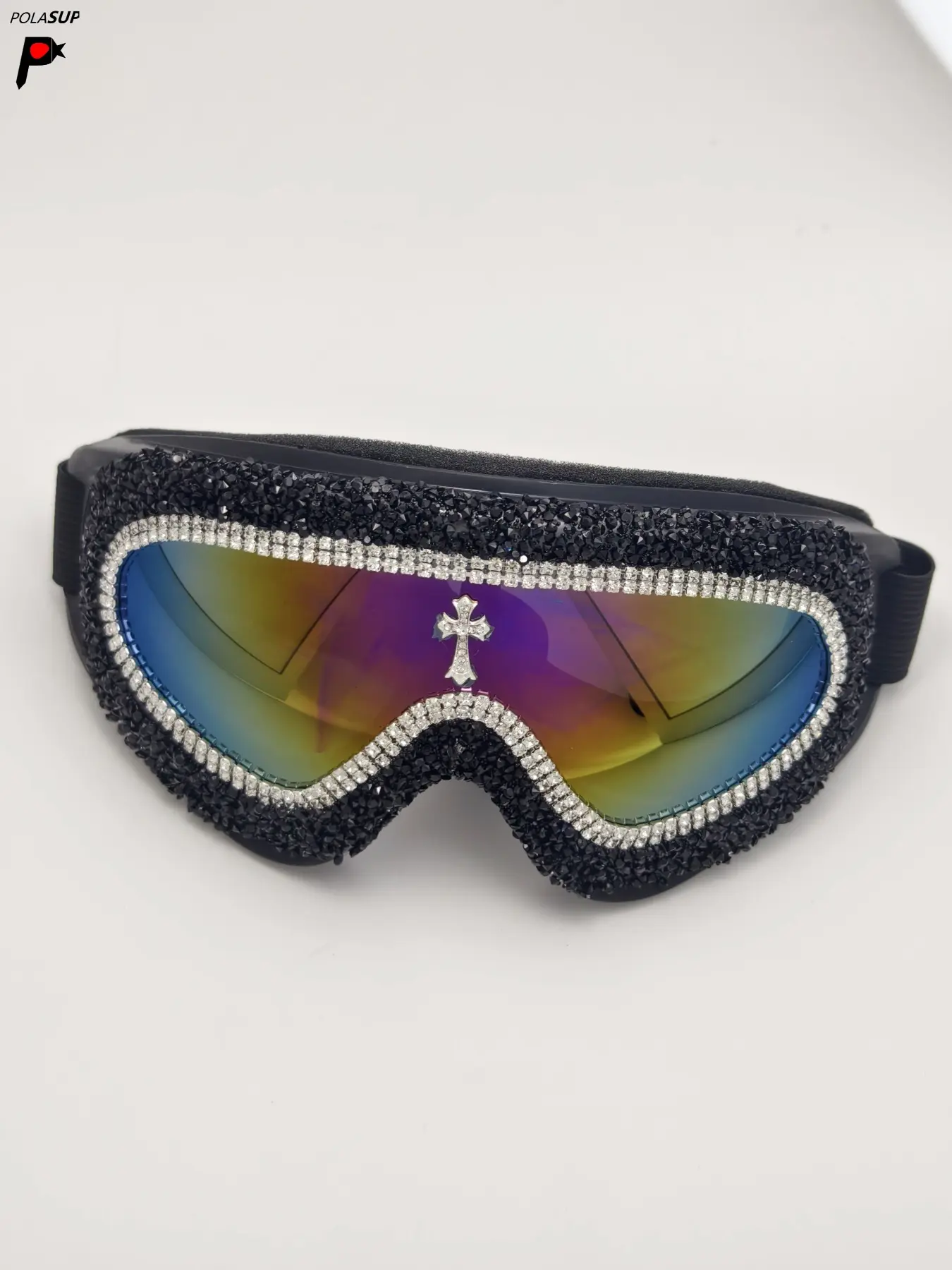 Luxury Colorful Cross Rhinestone Skiing Goggles, Adjustable Elastic Strap, Dense Decoration, Sporty Style, All Seasons Use, Trendy Ski Goggles, Windproof Ski Goggles