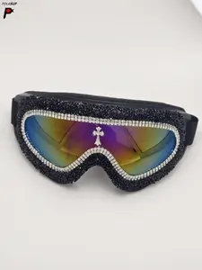 Luxury Colorful Cross Rhinestone Ski Goggles, Adjustable Elastic Strap, Dense Decoration, Sporty Style, All Seasons Use, Windproof Ski Goggles