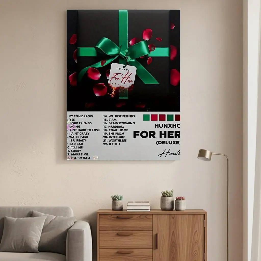1pc Framed Hunxho "For Her Deluxe" Music Graphic Album Cover Canvas Print - 12x18 in Multi-Size Durable Glossy Paper Wall Art, Decorative Painting with Track Listings, Bedroom Poster, Perfect Gift for R&B Fans & Special Events, Home Decor, 12 X 18 Inches,