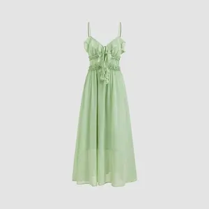 Cider [2 colors, size 0-10] Chiffon V-neck Ruffle Lettuce Trim Knotted Midi Dress SwimWeek