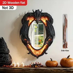 2D Flat, 1pc Devil Dragon-Shaped Wall Mirror- Halloween-Themed Decorative Hanging Mirror with Glowing Red Eyes& Sharp Teeth, Wooden Frame, Perfect for Living Room, Bedroom, Bathroom- Mysterious Dark Style Home Decor, Halloween Decorations, 2D Flat