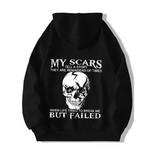 Men's Inspirational Skull Graphic Hoodie - "My Scars Tell a Story" Print, Comfortable ,  Casual & Versatile Top for Fall/Winter with Drawstring Hood, Skull Hoodie