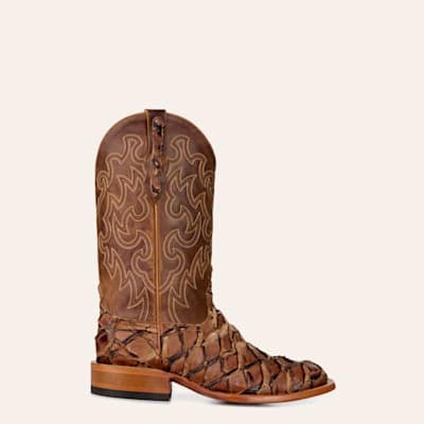 Cavender's Men's Mahogany Pirarucu & Brown Wide Square Toe Cowboy Boots