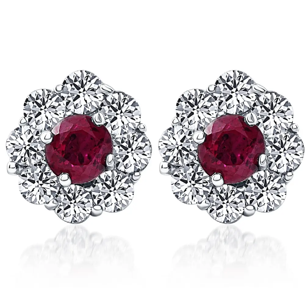 2 1/2ct Genuine Ruby & Diamond Halo Studs Earrings 14K White Gold