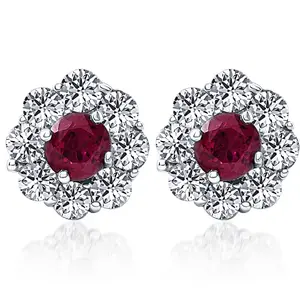 2 1/2ct Genuine Ruby & Diamond Halo Studs Earrings 14K White Gold