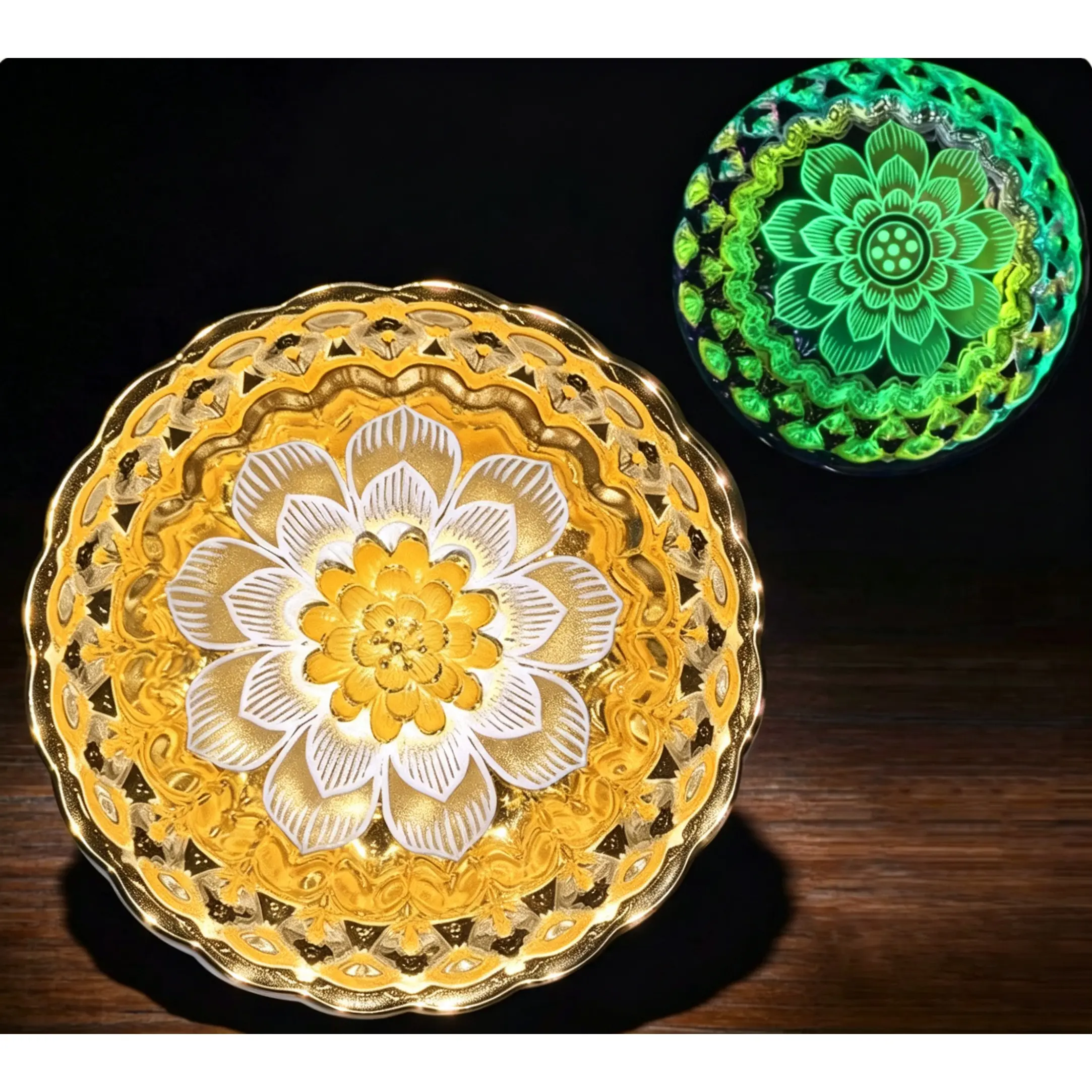 Jianzhan Collectible Golden White Porcelain Night Light - 9-Petal Lotus Motif, Iridescent Rainbow Hue, Art & Tradition Cultural Item, Prosperity Symbol, 9.6cm Diameter, 6cm Height, Glow-In-The-Dark Function