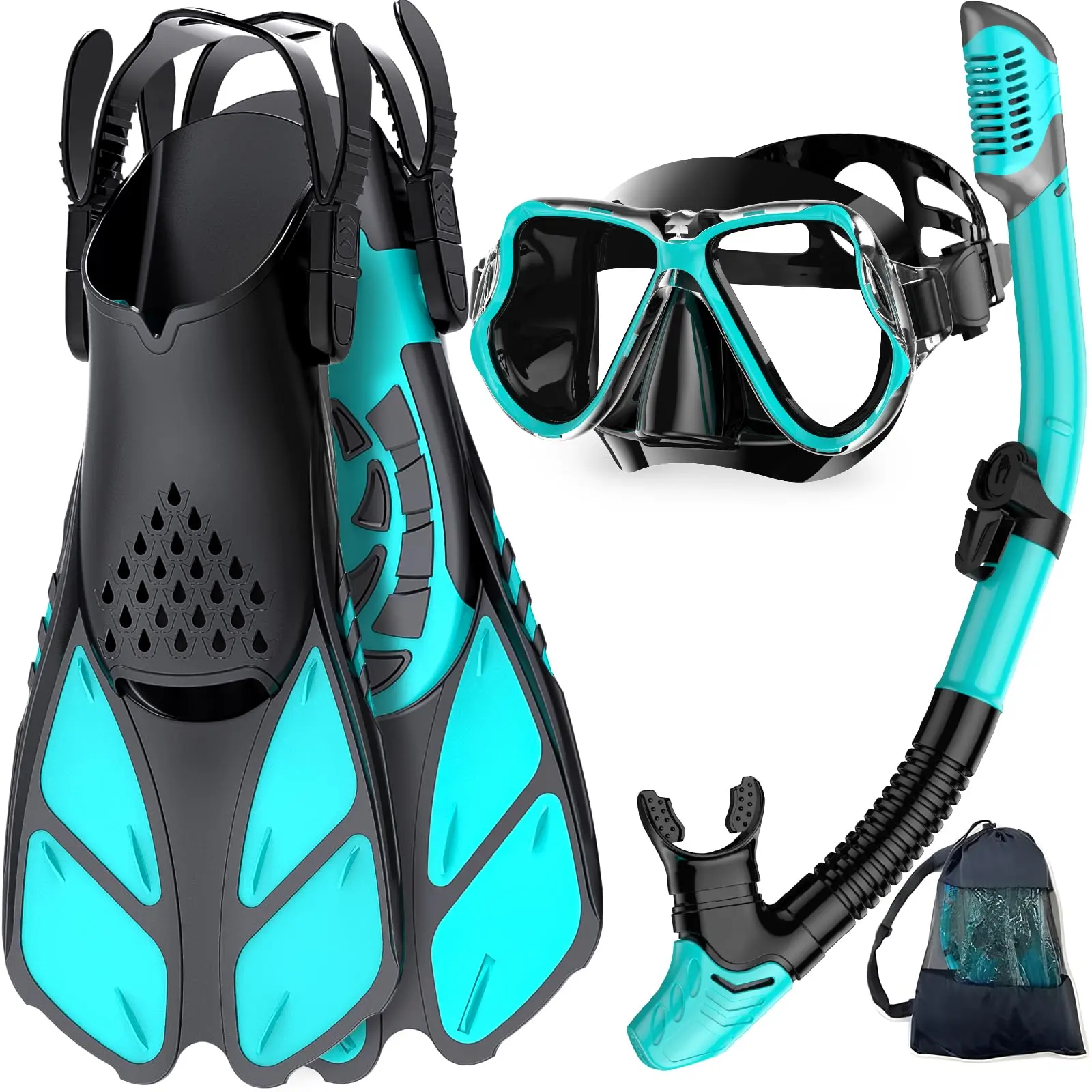 Greatever Mask Fins Snorkel Set, Snorkeling Gear for Adults, Panoramic View Snorkel Mask Anti-Fog, Adjustable Dive Flippers, Dry Top Snorkel and Travel Bag, Scuba Gear for Swimming Snorkeling Diving