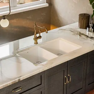 32 Inch White Fireclay Kitchen Sink, Porcelain Undermount/Drop-In Kitchen Sink with Deep Bowls, 50/50 Split Double Bowl Sink, Bottom Grid and Strainer Included