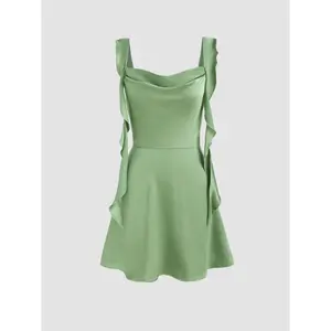 Satin Ruched Ruffle Hem Mini Dress