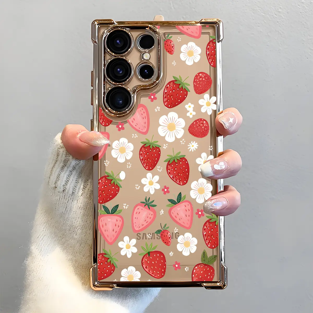 Strawberry Daisy Pattern Phone Case,Electroplated Cover with Airbag Shockproof Slim Soft TPU Cover for Samsung S26 S25 S24 S23 S22 Ultra S25Edge S24FE Plus S25+ Cute Flower Girly