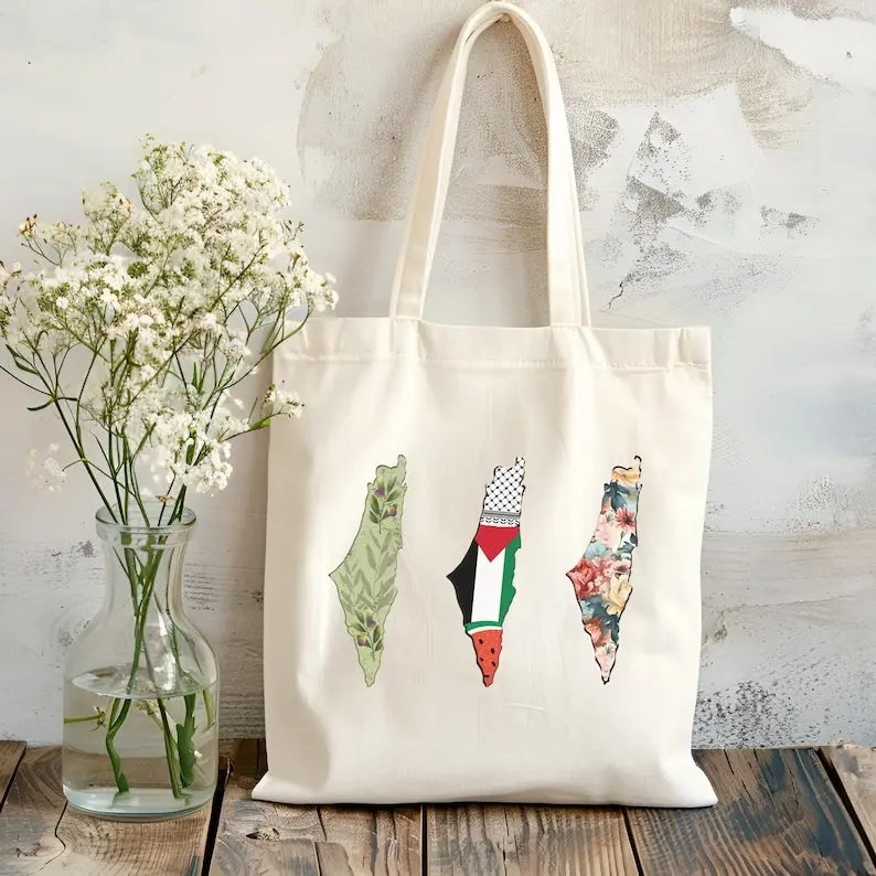 Palestine Tote Bag - Olive Watermelon Floral Design with Falastine Map tote bag